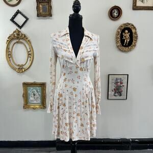 Free People Cream Floral Lace Trim Long Sleeve Mini Dress